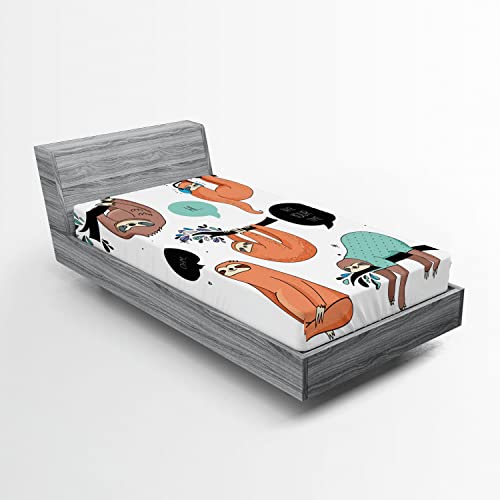 Ambesonne Animal 2 Pack Fitted Sheet, Smiling Sloth Cartoon, Bed Cover All-Round Elastic Deep Pockets 2 Pieces, Package Contains 2 Twin Size Fitted Sheets, Salmon Teal