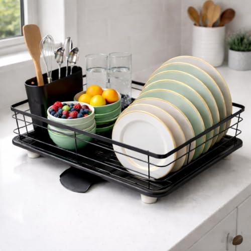Image of ZENOVIA Dish Drying Rack with Drainboard, 1 Tier Kitchen Dish Rack with Detachable Utensil Holder, Carbon Steel Dish Drainer for Countertop, Fast Water Drainage, Rust-Resistant Kitchen Organizer