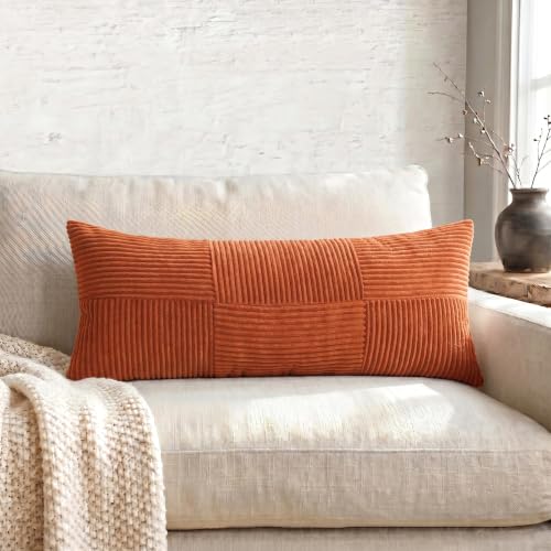 Image of Fancy Homi Set of 2 Burnt Orange Boho Long Lumbar Body Decorative Throw Pillow Cover 14x36 Inch for Bed Couch Bedroom Bench, Soft Patchwork Corduroy Textured Pillow Case, Rustic Farmhouse Room Decor