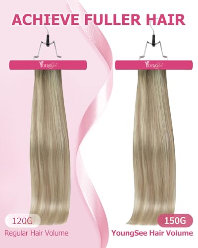 Image of YoungSee Blonde Clip in Hair Extensions 12 Inch Short Human Hair Clip ins Extensions Ash Blonde Balayage Platinum Blond, Easy to Wear at Home, Clip in Extensions Real Human Hair for Beginners 7Pcs 85G