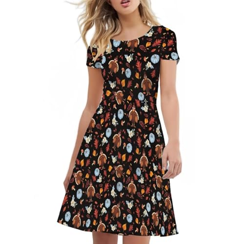 Image of POLERO Women Puffy Swing Elegant Party Midi Dresses Short Sleeve Round Neck A-Line Dress