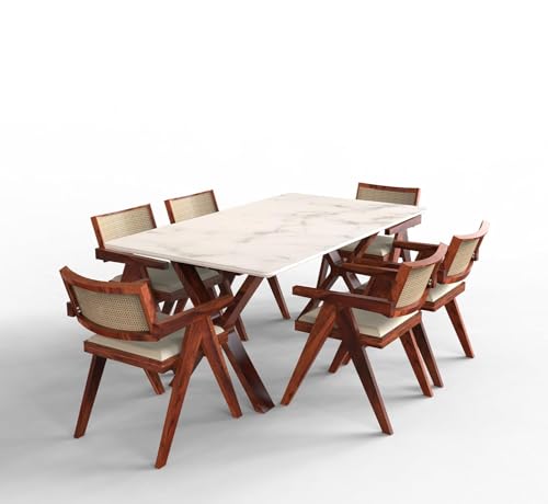 Image of Epoxy Marble Top Finish Six-Seater Dining Table with Cane Cushioned Chair with Honey Finish | Custimization Available| Made on Order