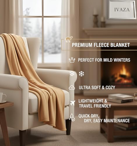 Image of IVAZA Solid Fleece Bed Blanket Double Bed 480 GSM Lightweight Winter Blanket for Home & Travel | Warm & Cozy Microfiber Blanket for Adults & Kids | Breathable & Durable Gold