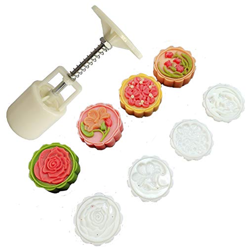 Mondkuchenform-Set, 50 g, Eishaut, Mondkuchenform, Mittelherbstfest, Handdruck, Mondkuchenform, Blumen-Muster, runde Kekse, Kürbiskuchen, Gebäck, Stempel zum Selbermachen (4 Stück) Cover