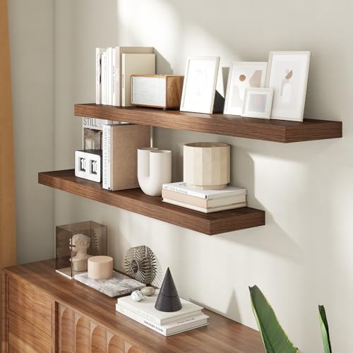 Image of 48 Inch Floating Shelves for Wall, 8 Inch Deep Floating Shelf for Storage & Display, Rustic Wall Mounted Shelf with Invisible Brackets for Living Room, Kitchen, Bathroom, Home Decor, Set of 2, Walnut