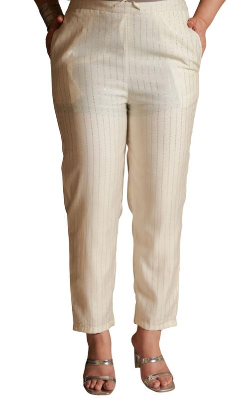 aramya Roman Silk Off White Gold foil Print Festival Wear Trousers for Women-picture-49