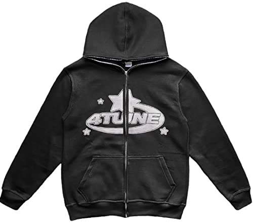 FLYCHEN Kapuzenjacke Full Face Zipper Hoodie Retro Star Letter Print Jacke...