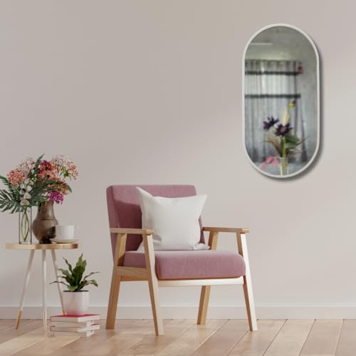 Image of Modern Elegance Capsule Shape Wall-Mounted Mirror Metal Framed Wall Mirror Bathroom Mirror Living Room Mirror Home Decor Mirror 18 x 36 Inches White MF 109