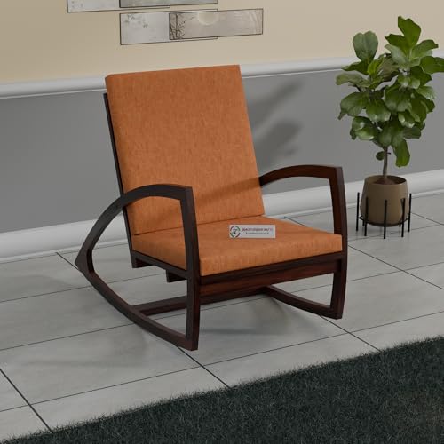 Image of Jangid Handicraft Solid Sheesham Wooden Rocking Chair for Living Room | Lounge Chair for Bedroom | Contemporary Swing Arm Chair for Balcony | Modern Arm /Sofa Chair | Orange Cushion & Walnut Finish