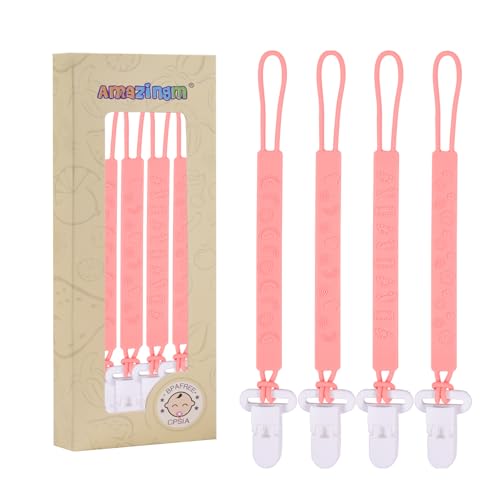 Image of One Piece Design Silicone Pacifier Clip Holder for Baby Boys and Girls,Pack of 4 Flexible Paci Leash,Binky Clips,Newborn Essentials (Plastic Clip, Pink)