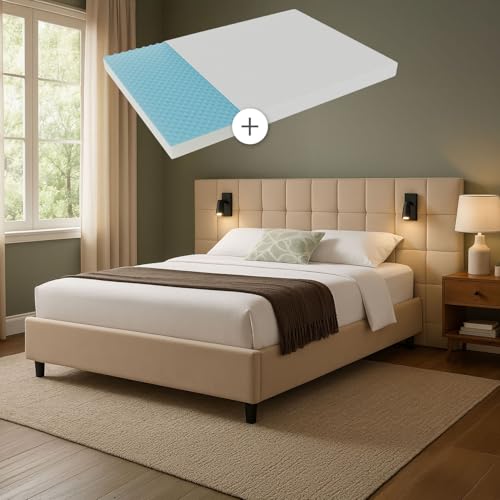 Juskys Polsterbett 140x200 cm Luzano - Bett mit LED, Matratze, Lattenrost & Kopfteil - Modernes Bettgestell aus Holz & Samt - Doppelbett - Beige