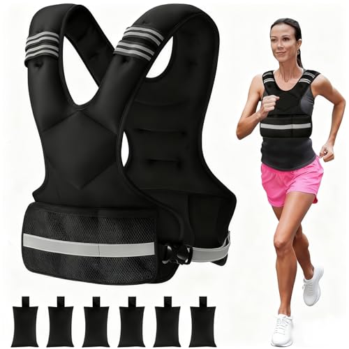 Adjustable Weighted Vest for Men and Woman 9-15kg Rucking Vest with 6 Ironsand Weights and Reflective Stripe for Workout, Strength Training, Running, Fitness, Muscle Building, Weight Loss, Weightlifting (BLACK02, 9-15kg)
