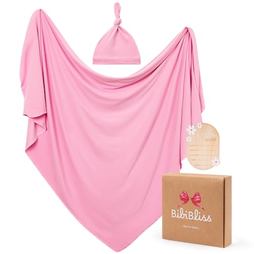 Image of Stretchy Swaddle Blanket for Newborns with Hat & Hello World Card-Soft Baby Swaddles 0-3 Months,47 inchx 47 inchSupersoft Swaddle Blanket,Receiving Blanket for Boys & Girls (Sweet Pink)
