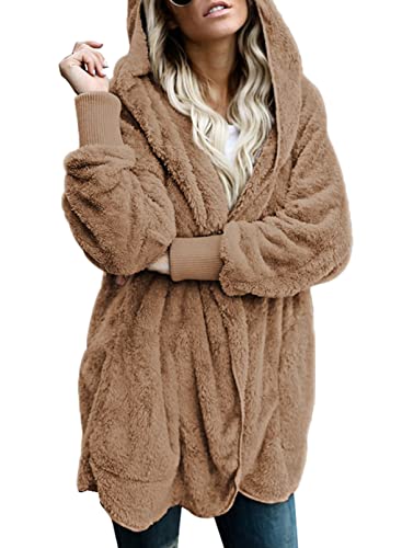 Dokotoo Womens 2025 Winter Long Sleeve Solid Fuzzy Fleece Open Front Hooded Cardigans Jacket Coats Outerwear with Pocket