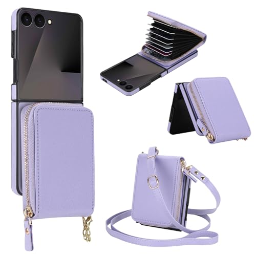 Asuwish Phone Case for Samsung Galaxy Z Flip 7 5G 2-in-1 Magnetic Detachable Zipper Wallet Cell Cover with Crossbody Strap RFID Blocking Credit Card Holder Slot ZFlip 7Z Z7 G Flip7 ZFlip7 Women Purple
