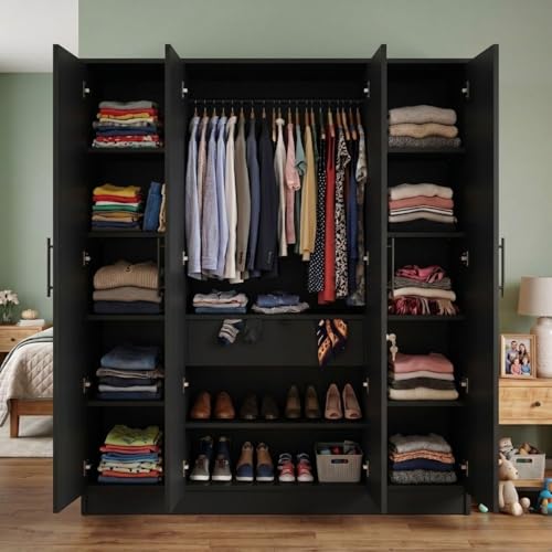 Image of FFO Kavisto 4 Door Wooden Wardrobe for Bedroom, Large Clothes Storage Cabinet with Hanging Space, Shelves, Drawer & Lock, Modern Wood Finish Almirah for Home, Bedroom & Living Room Black DIY.