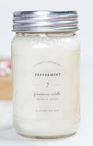 Antique Candle Co. 16 OZ CANDLE ® Peppermint 16 Ounce Soy Wax Candle, 80 Hour Burn Time, Cotton Wick, Mason Jar Candle  cover