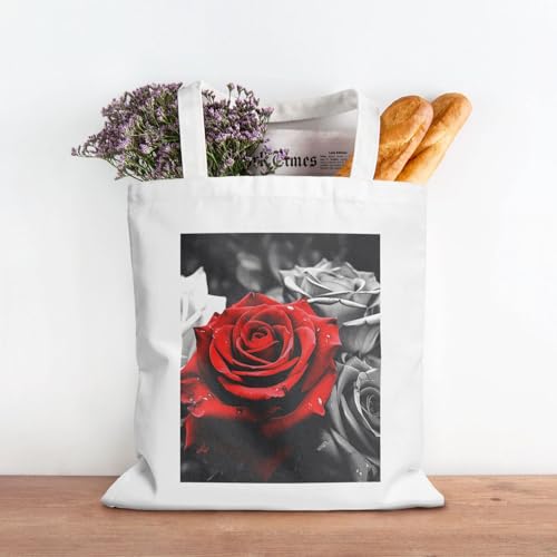 Black White And Red Roses Large Canvas Tote Bag Cute Travel Shoulder Bag Reusable Washable Shopping Grocery Bags For Women Men3