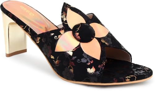 Image of Action Women's Floral Suede Mules| Black with Peach Flower Applique| Gold-Tone Heel Dark Brown