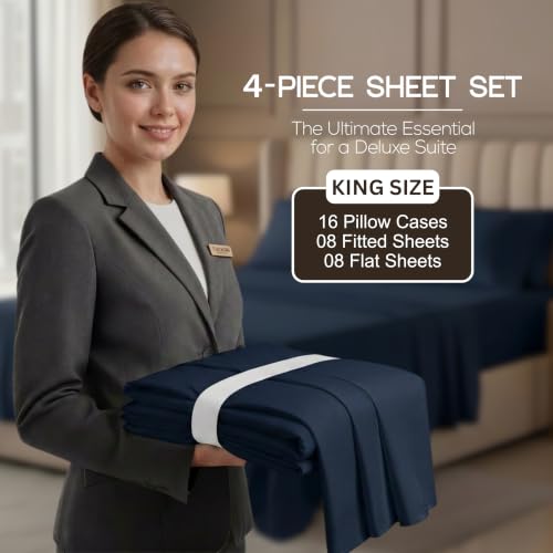 Image of 10-Pack King Size Hotel Sheet Set, Soft Brushed Microfiber Commercial Sheets, Resort Quality Bedding, Deep Pocket, Shrink & Fade Resistant, Easy Care, Navy