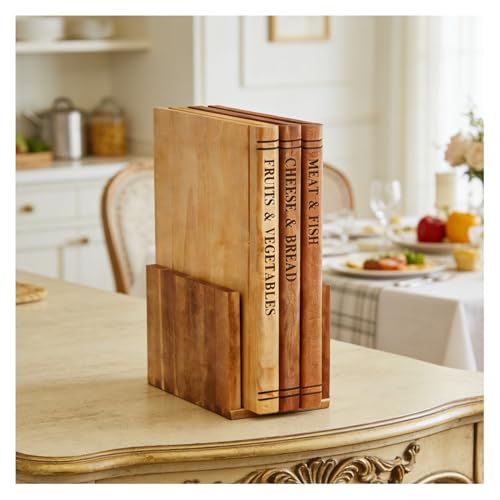 Robuste Lot de 3 Planche à Découper en Forme de Livre avec Support, Planche Cuisine Antidérapante pour Légumes Fruits Viande, Planche à Hacher Compatible Lave-vaisselle en Bois Massif(Beige)