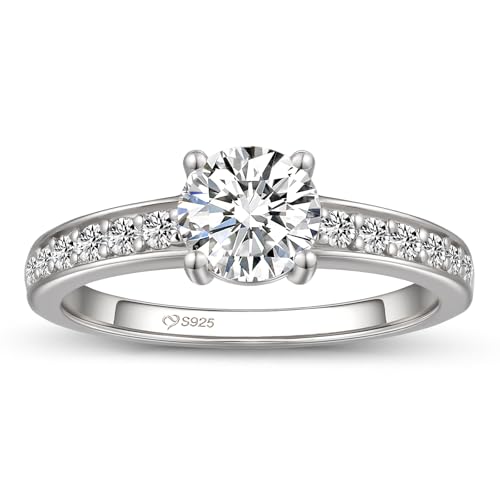 Damen Ringe 1ct Moissanit Rundschliff Solitärring GRA Zertifiziert Fingerring Farbe D VVS1 Verlobungsring Klassisch Promise Ring 925er Sterlingsilber Ehering Jubiläum Hochzeit (Silber 62(19.8))