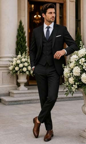 Image of Wangyue Mens Suit 3 Piece Slim Fit Suit for Men Formal Business Suit Wedding Groom Prom Tuxedo Dinner Party