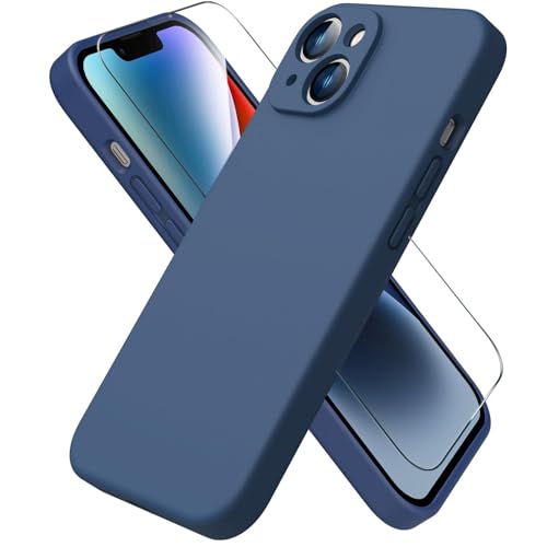 ACRONIX Cover Silicone Per iPhone 14(6.1'),con 1 Pellicola Vetro TemPerato,Morbido Silicone Liquido Custodia Protezione Completa con Fodera in Microfibra,Ultra-Sottile Cover Per iPhone 14-Blu Navy