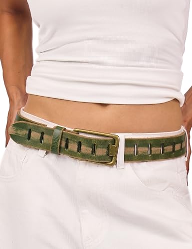 LyzerMia Womens Genuine Leather Belt for Jeans Pants Width 1.57 Western Cowgirl Wide Belts for Ladies Green Fit for Low Waist 32-34