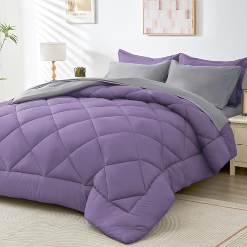 HEVUMYI King Comforter Set - 7-Piece All Season Bed in a Bag King, Ultra Soft Bedding Set with Comforter, Flat Sheet, Fitted Sheet, Pillowcases, Pillow Shams, Purple & Light Grey