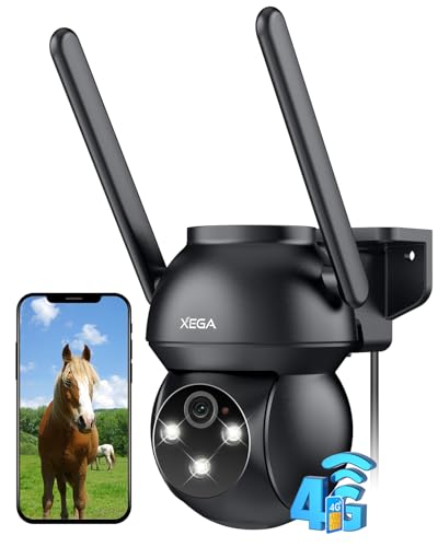 Xega 4G LTE Camara Vigilancia Exterior con Tarjeta SIM, 24/7 Grabación, PTZ Seguimiento Automático, Detección Humana, Foco y Sirena Visión Nocturna en Color 2K HD Almacenamiento TF/Cloud IP66