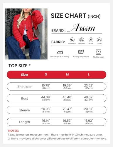 Image of Arssm Womens Cropped Cardigan Sweaters Chunky Open Front Button Down Knit Sweater Long Sleeve Loose Cardigan Outerwear(Red-L)