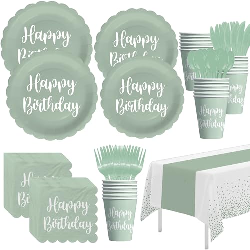 FVABO Sage Green Birthday Decorations, Sage Green Happy Birthday Party Supplies Tableware, Paper Plates and Napkins Set, Cups, Disposable Cutlery, Tablecloth, Serves 24