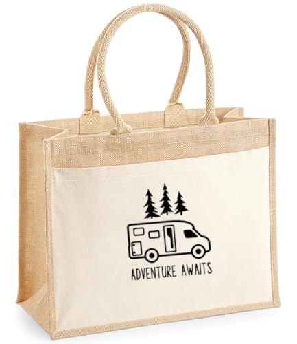 Motorhome Tote Bag Campervan Travel Gift Eco-Friendly Jute Shopping Bag with Cotton Pocket Caravan Lovers Road Trips Camping & Van Life Motorhome Gift (M)