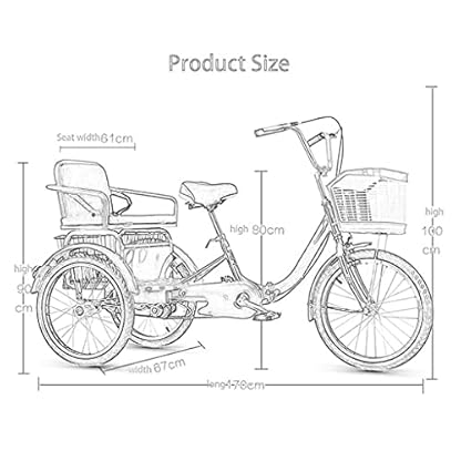 16-Zoll-Dreirad für Erwachsene, dreirädriges Cruiser-Fahrrad, Verstellbarer Sitz und Lenker, dreirädriges Fahrrad für Erwachsene mit Einkaufskorb und Rücksitz, Picknick, Radfahren, Treten (schwa – Bild 7