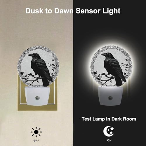 Image of Black Crow on Oak Tree Branch Night Lights Plug into Wall Halloween Night Light Dusk to Dawn Sensor for Bedroom Living Room, LED Lighting 0.5W Sleep Friendly