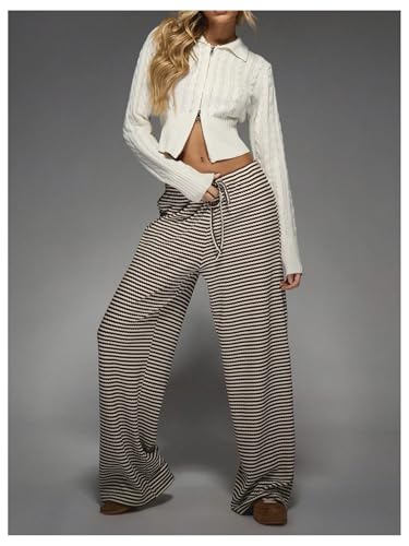 Women's Striped Wide Leg Pants Knot Front Elastic Waist Baggy Track Pants2