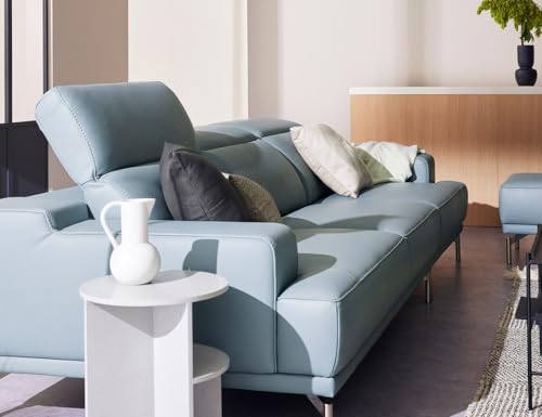 Image of Fabrique Duerox Leatherette 4 Seater with Puffy Moden Design Blue Sofa Set with Moveable Headrest | Comfortable Furniture for Home Office & Living Room | Easy to Move with Stainless Steel Legs
