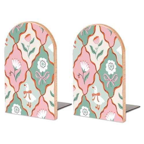Velumair Flowers and White Geese Book Ends Decorative Bookends for Shelves 2 PCS Bookshelf Decor Floral Wood Book Stopper for Office Home Kitchen to Hold Books 6.7 X 4.7 Inch