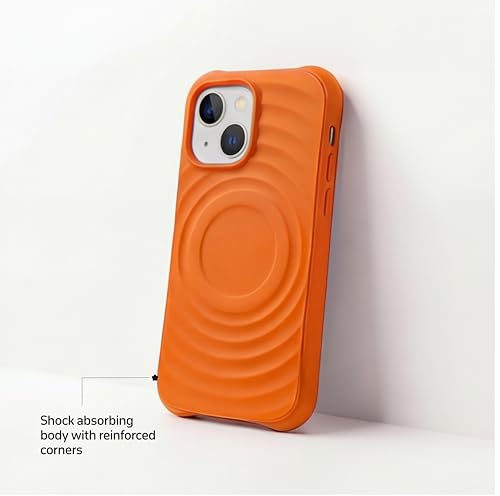 Image of amazon basics Shockproof Case for iPhone 15 Plus | Ripple Pattern | Camera Protection | Protective Cover with Enhanced Grip & Wireless Charging Support - Orange