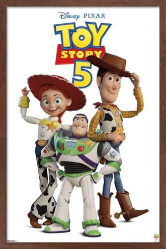 Trends International Disney Toy Story 5 (2026) - The Big Three Feature Series Wall Poster, 22.4L x 14.7W, Mahogany Framed Version