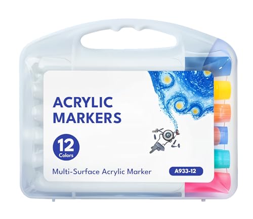 Image of INOG Acrylic Paint Marker Pens Water-Based Medium Point Permanent for Rocks Painting, Ceramic, Glass, Wood, Fabric, Canvas, Mugs, DIY Craft Making Supplies - Set of 12 Colours, Multicolor