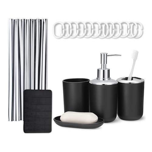 Amazon Basics Badezimmer-Zubehör-Set: Duschvorhang mit Haken, Memory Foam Badteppich, Seifenspender, Seifenschale, Zahnbürstenhalter & Becher, Weiß