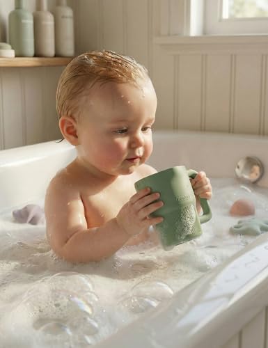 Image of Roslim Silicone Baby Bath Rinse Cup - Shampoo & Body Washing Rinser for Kids & Toddlers, Lightweight Bath Cups for Rinsing Hair, Easy-Grip Handle, Ultra Soft Material (Olive Green)