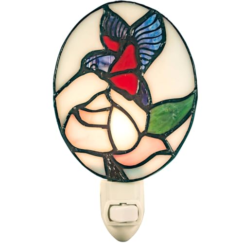 Image of Bieye L10937 Tiffany Style Stained Glass Hummingbird Flower Wall Lamp with Plug-in Night Light Socket for Home Decor