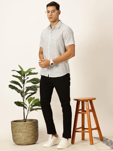Image of Thomas Scott Men's | Checks | Half Sleeve | Slim Fit | Linen Blend | Spread Collar | Casual Shirt