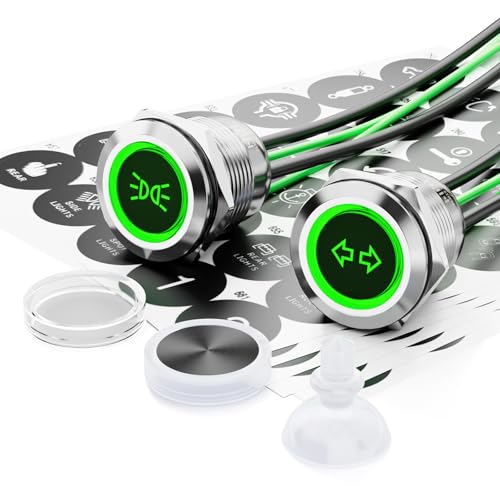 Image of 2PCS 19mm LED Latching Push Button Switch 12V 24V IP67 Green | Stainless Steel 20A with 185 Replaceable Symbols Marine Boat, Car Audio, Light, Power Control
