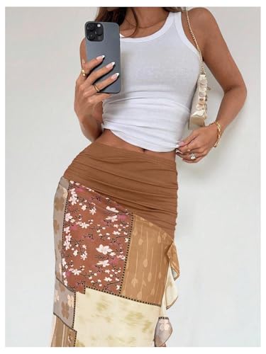 Verdusa Women's Boho Floral Patchwork Ruched Bodycon Skirt Hippie Thigh Slit Ruffle Long Skirts4