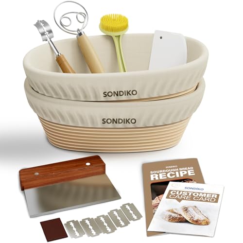 Sondiko Sourdough Starter Kit, Sourdough Bread Baking Supplies, Oval Banneton Bread Proofing Basket Set for Bread Making Tools Supplies, Gifts for Bakers