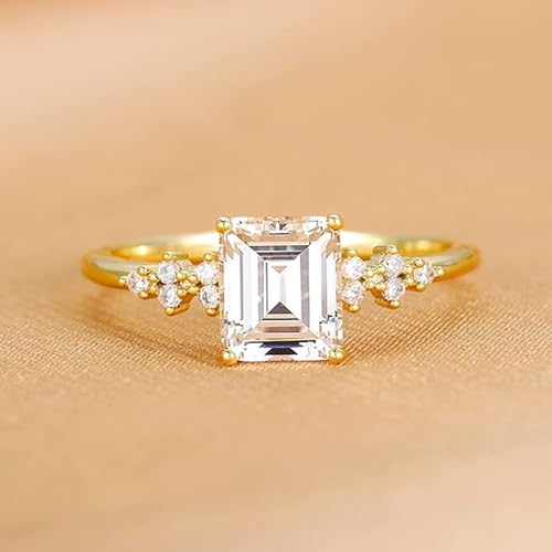 LOVECOM 3CT Engagement Ring for Women Non Tarnish 14K Gold Plated Emerald Cut Simulated Diamond Wedding Band Ring Birthstone Cubic Zirconia Eternity Ring Jewelry Birthday Gifts for Mom Wife2